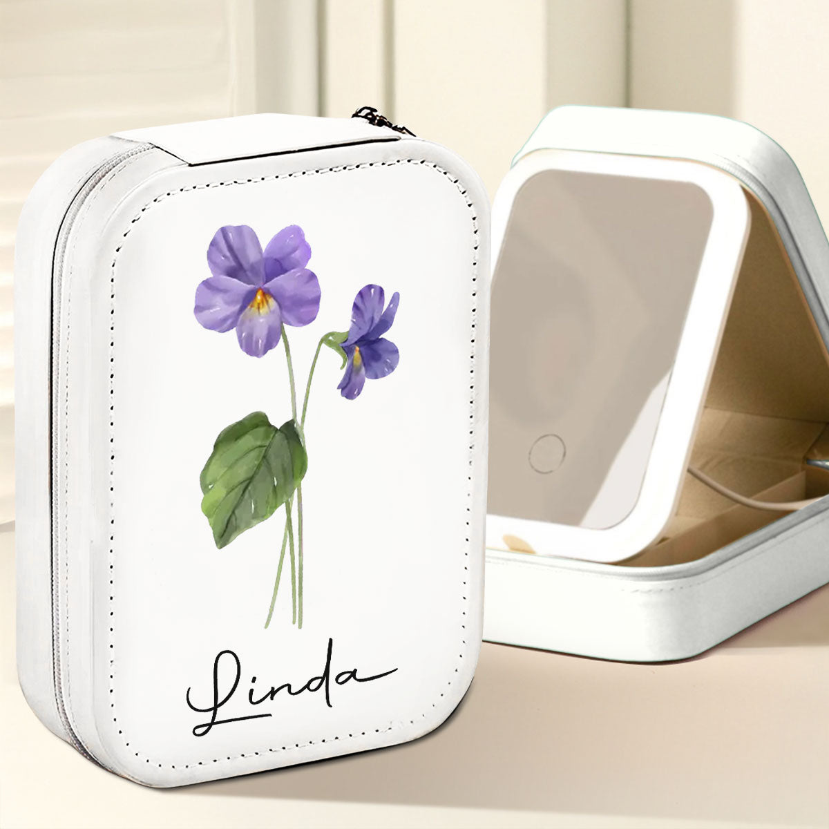 Birth Month Flower Version 2 - Personalized Custom Jewelry Box With LED Mirror