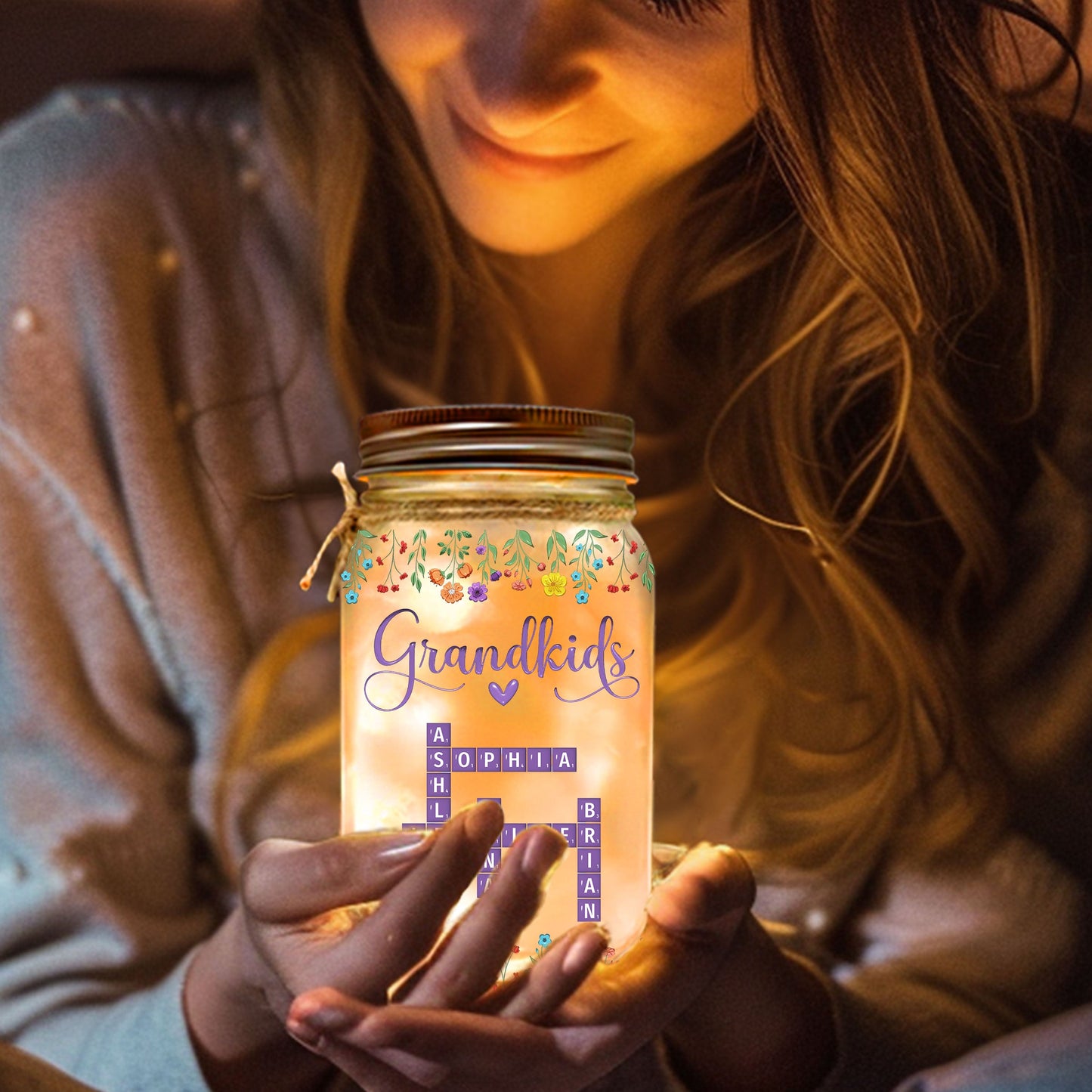 Love My Grandkids Crossword - Personalized Custom Mason Jar Light