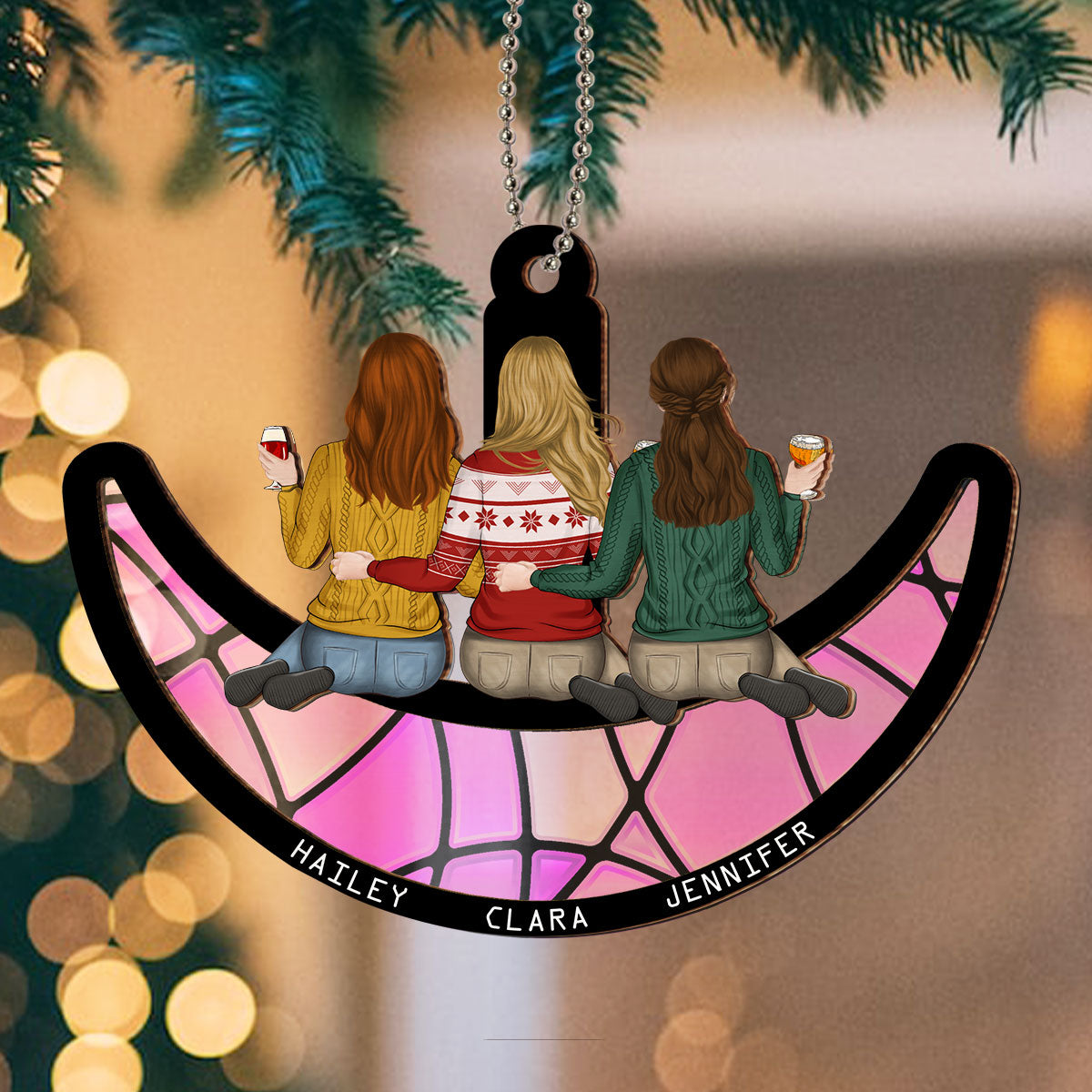 Besties Sitting On The Moon - Personalized Custom Suncatcher Ornament