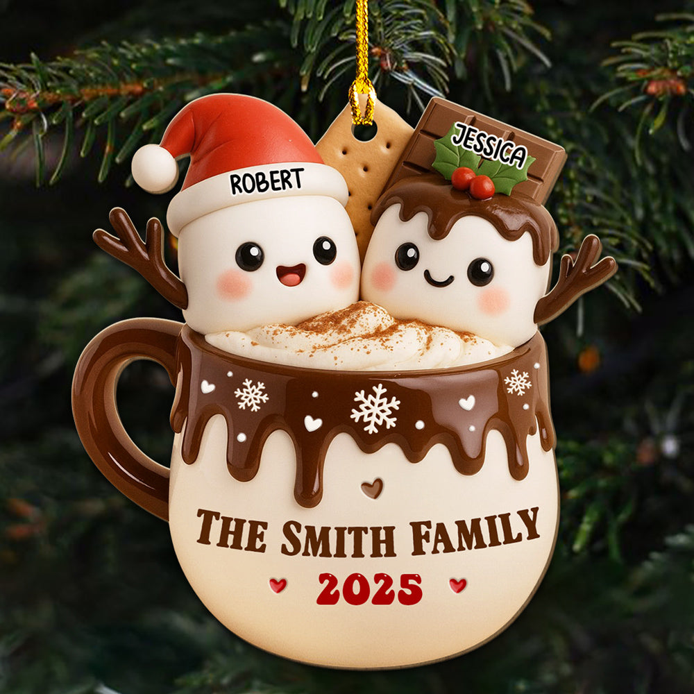 Marshmallow Family Hot Cocoa - Personalized Custom Wood Ornament