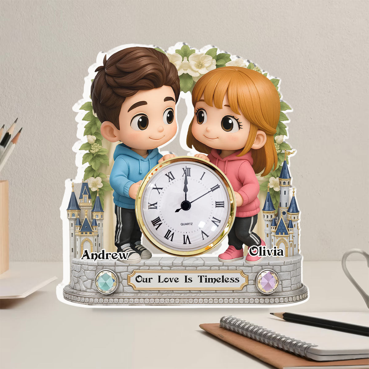 Cute Cartoon Couple - Personalized Custom Acrylic Desk Clock Plaque