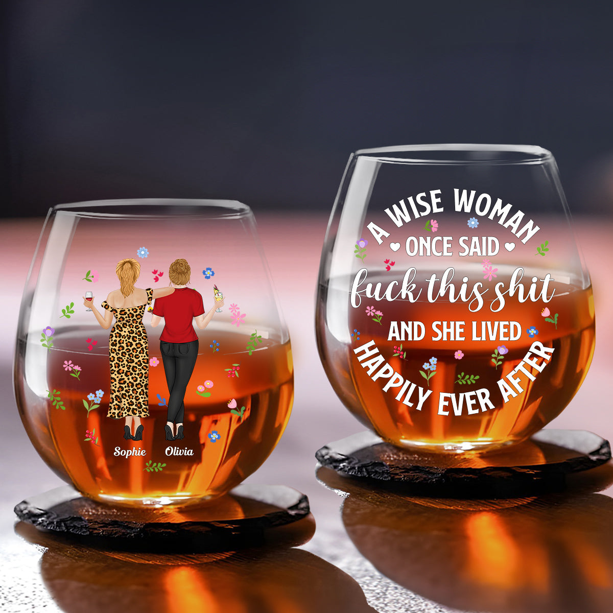 She Lived Happily Ever After - Personalized Custom Wine Glass