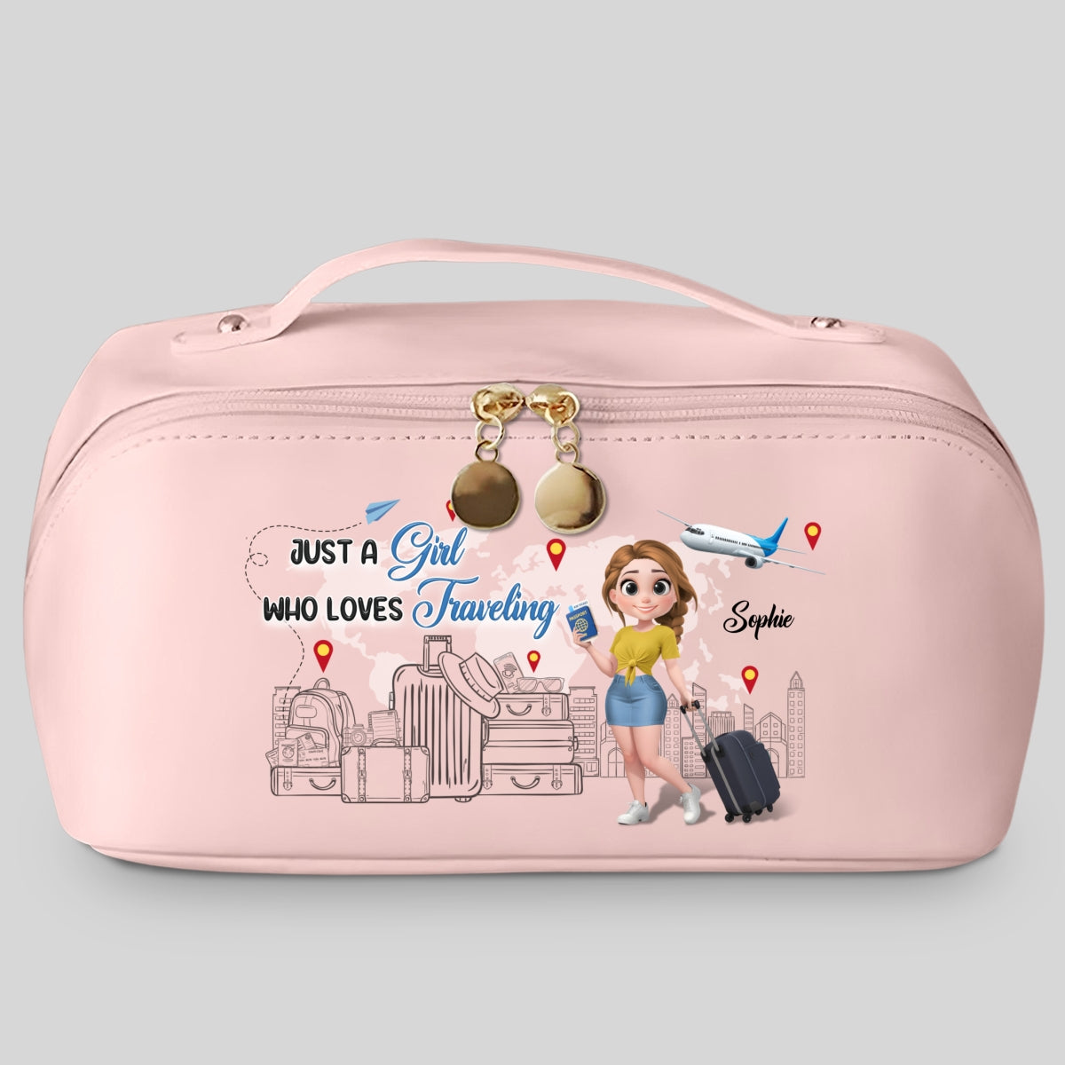I Love Traveling - Personalized Custom Leather Makeup Bag