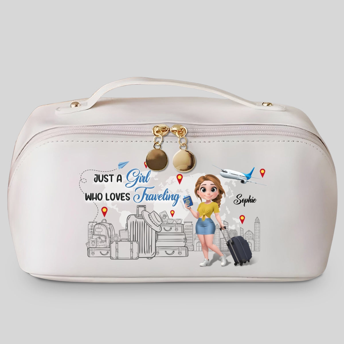 I Love Traveling - Personalized Custom Leather Makeup Bag