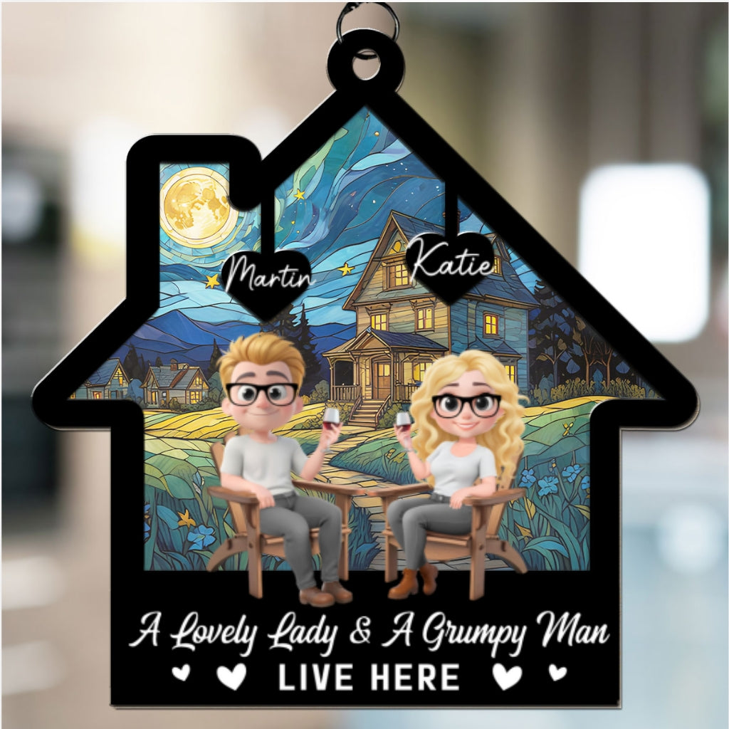 A Lovely Lady And A Grumpy Man - Personalized Custom Suncatcher