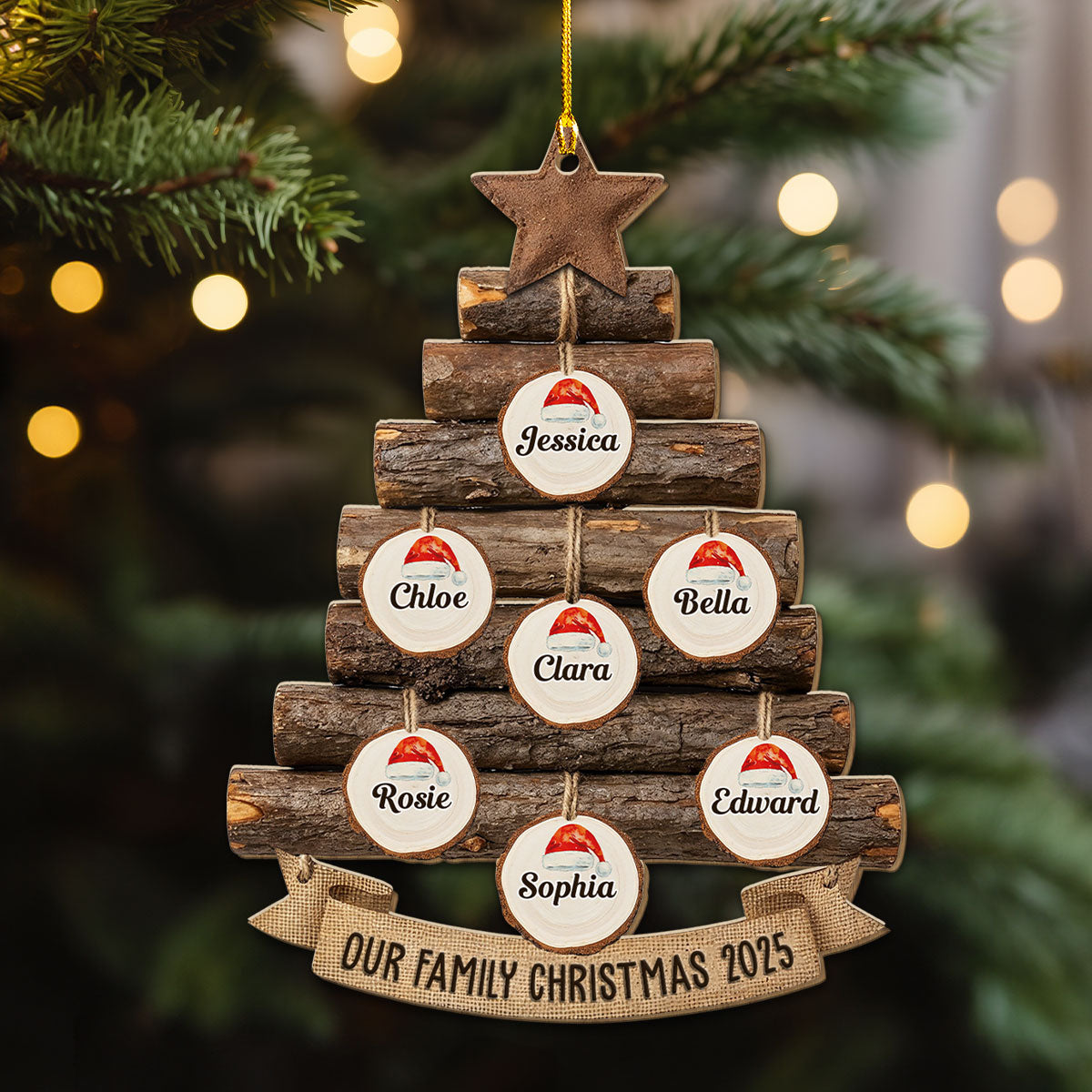 Rustic Family Christmas Tree - Personalized Custom Wood Ornament
