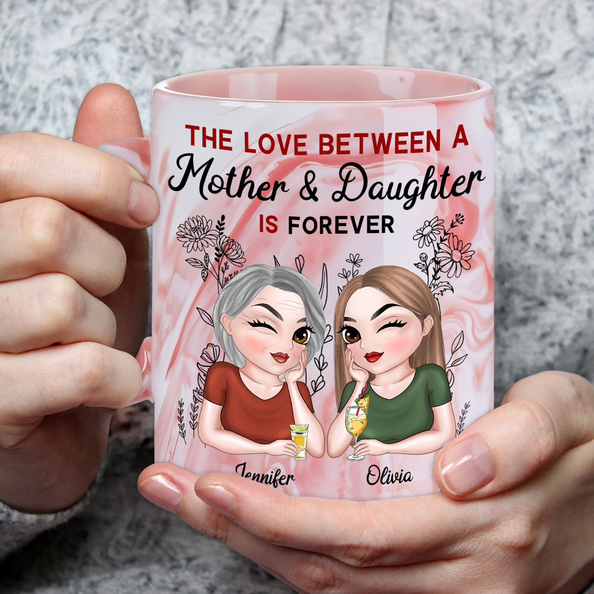 Mother And Daughter Always Together - Personalized Custom Pink Marble Mug