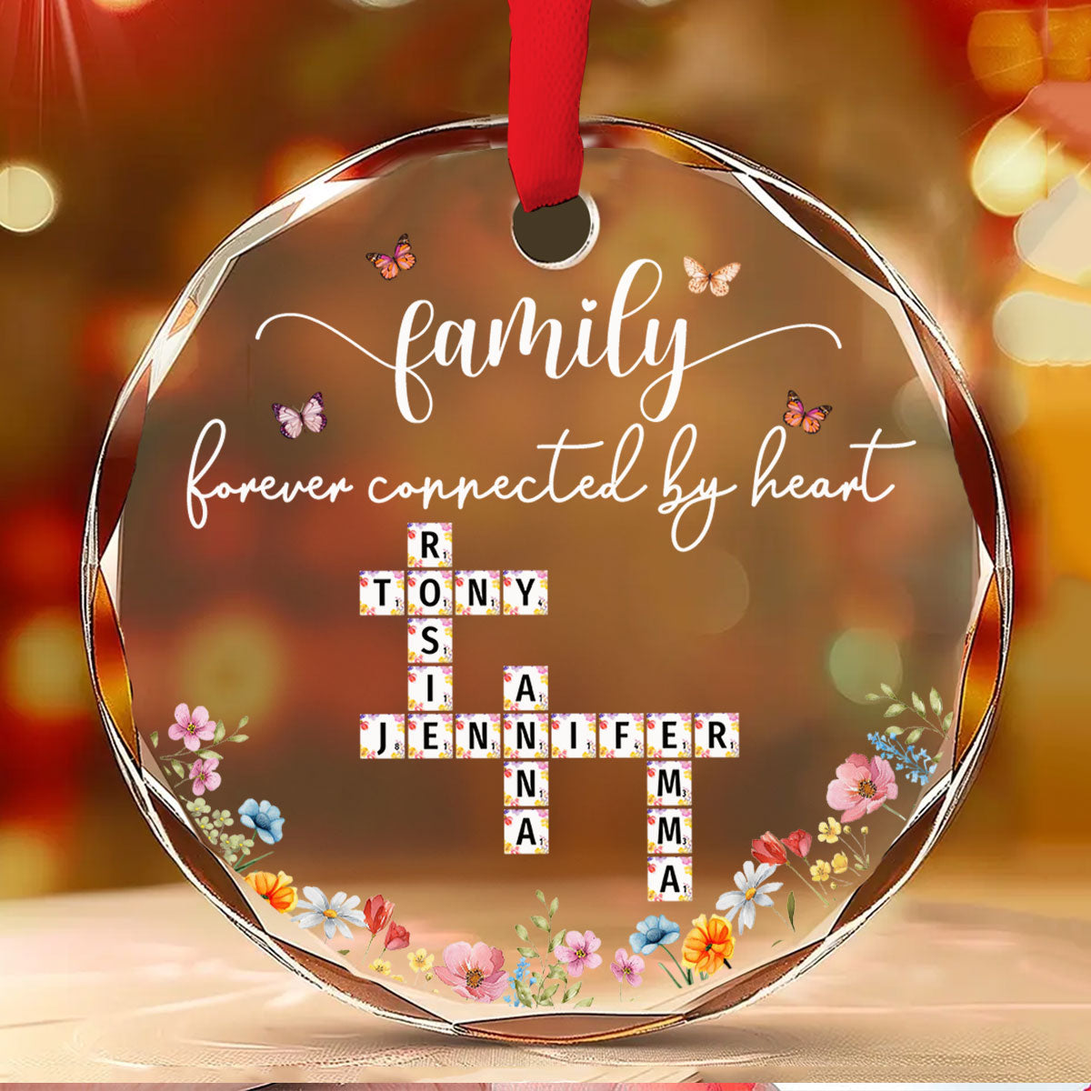 Family Forever Connected By Heart - Personalized Custom Glass Ornament