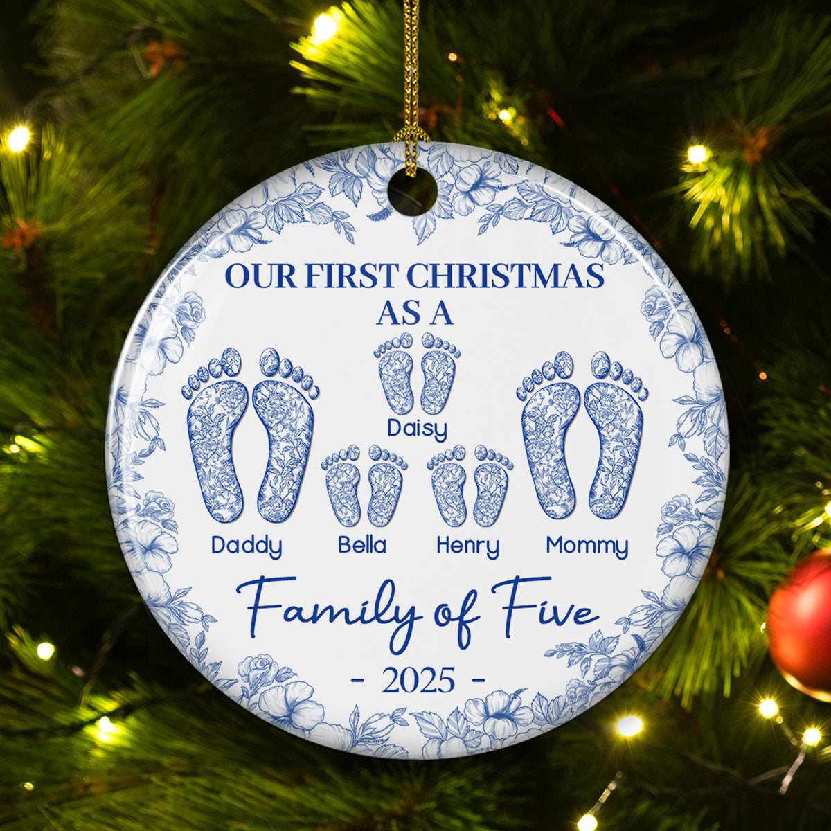 First Christmas As A Family Of Four Toile Footprints - Personalized Custom Ceramic Ornament
