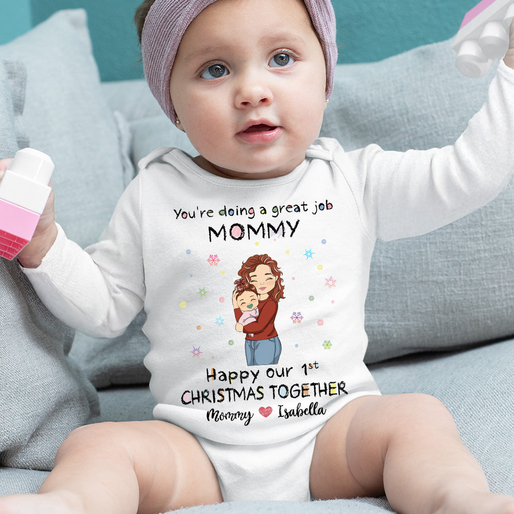 Mommy Doing A Great Job Merry Christmas - Personalized Custom Long Sleeve Baby Onesie