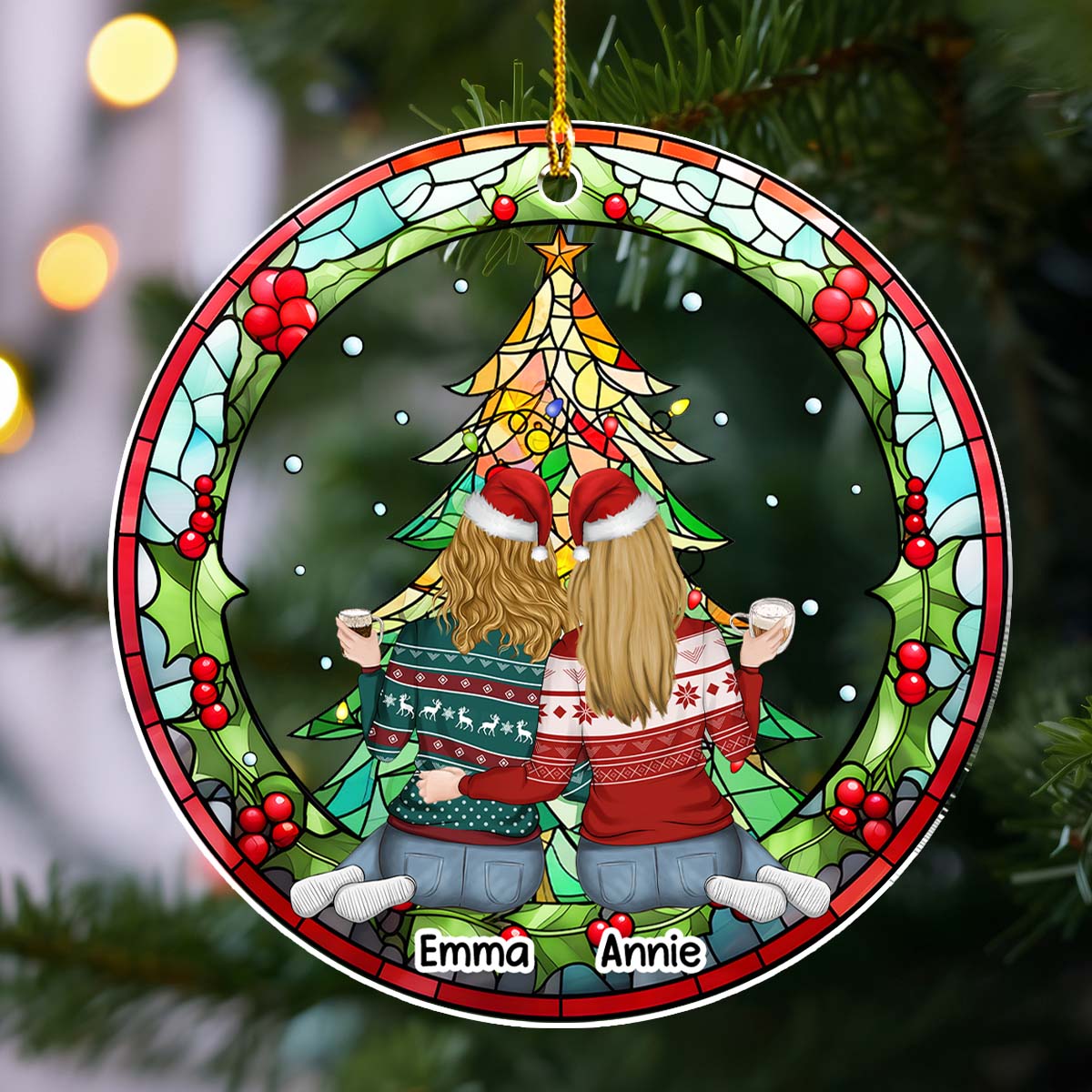 Mother And Daughter, Sister, Bestie Sitting Together - Personalized Custom Acrylic Ornament