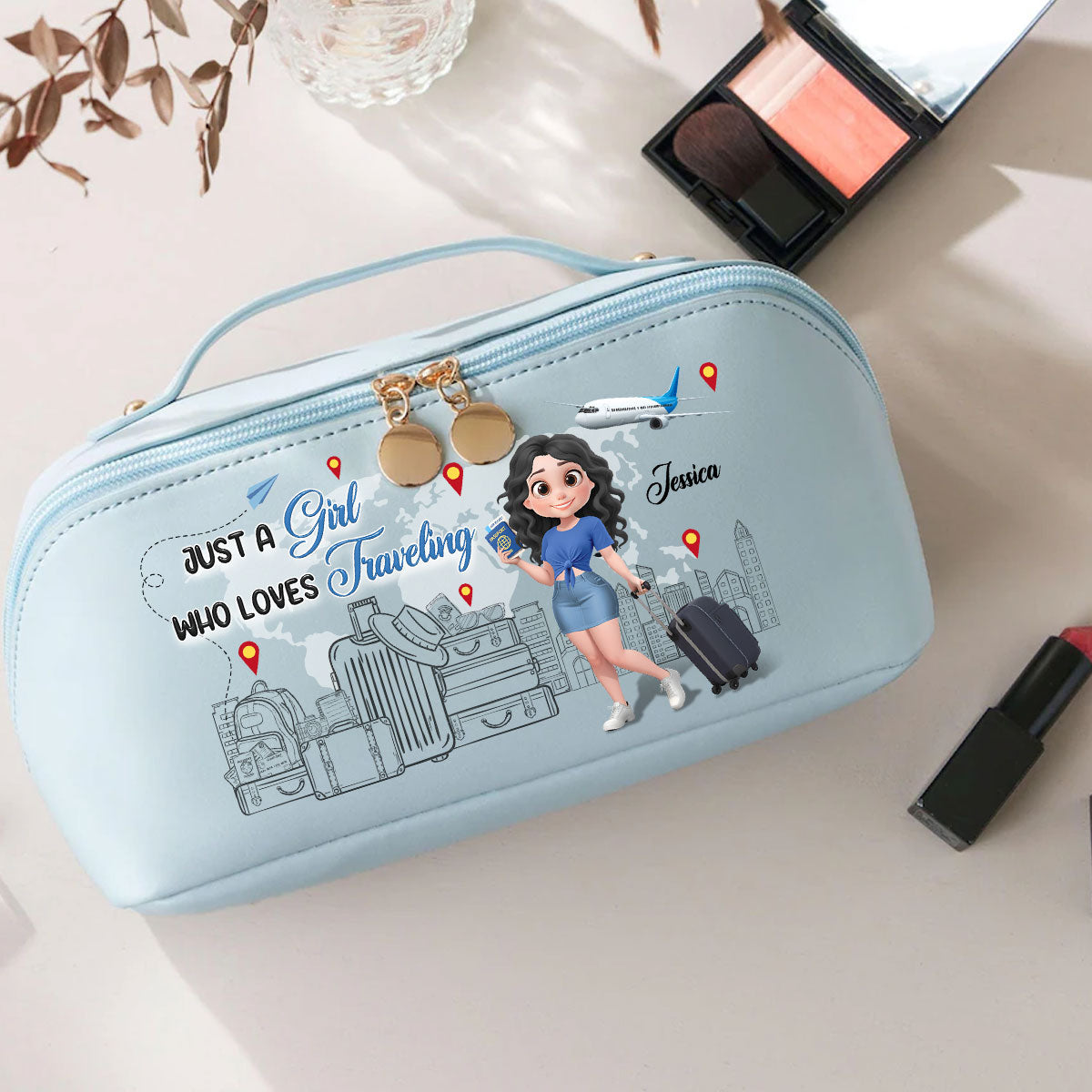 I Love Traveling - Personalized Custom Leather Makeup Bag