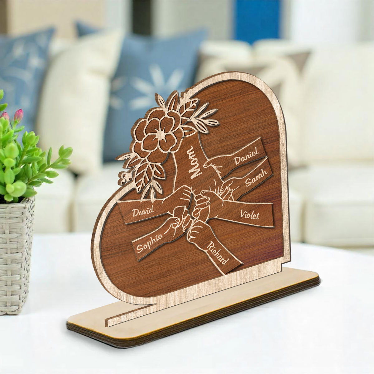 Mom Hold Our Hand And Our Heart - Personalized Custom 2-Layer Wood Plaque With Flat Base