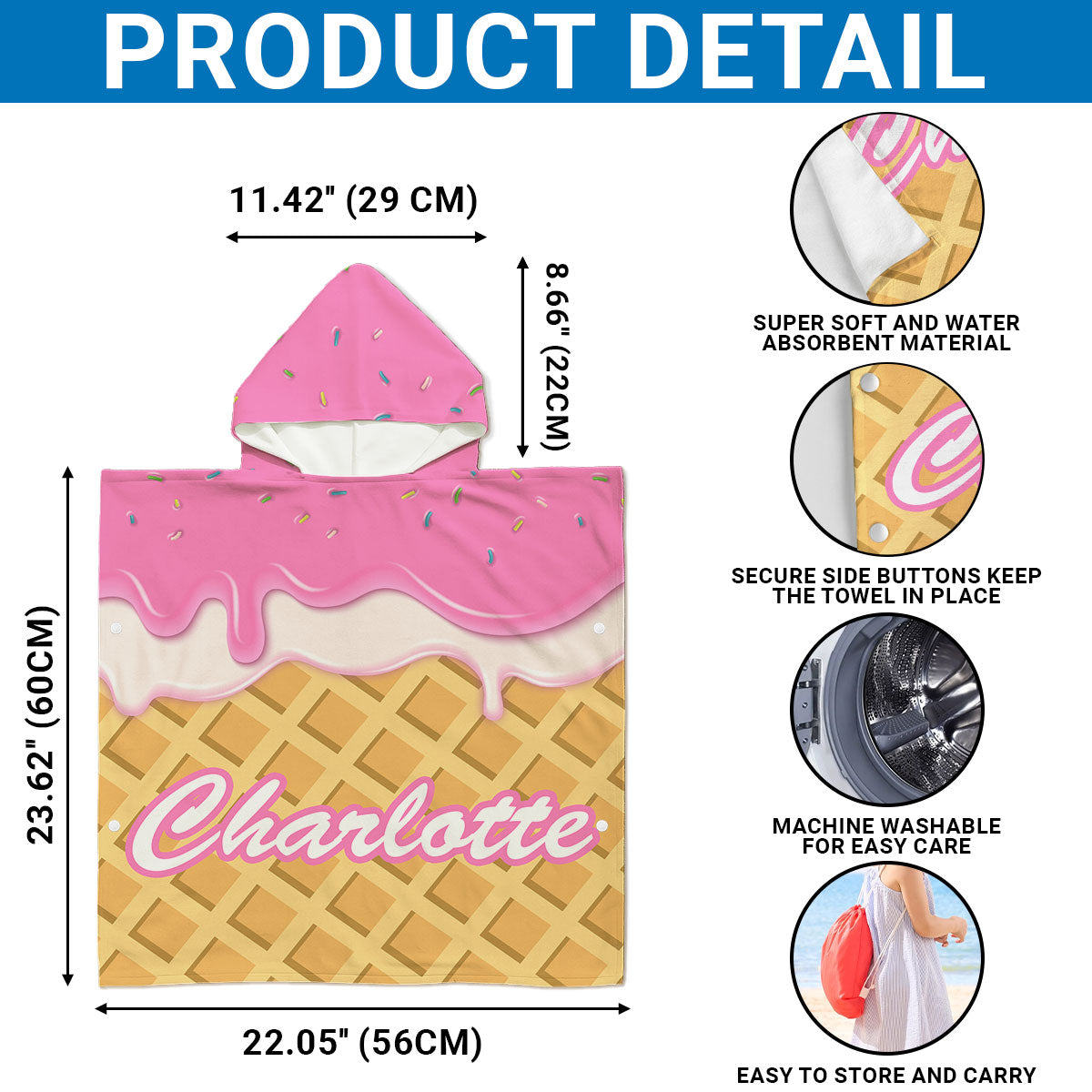 Ice Cream - Personalized Custom Hooded Beach Towel