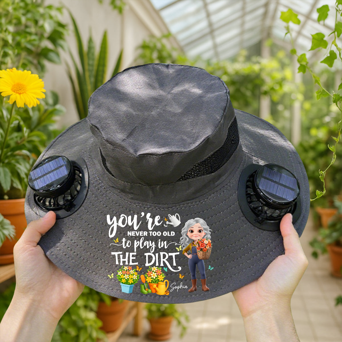 Never Too Old To Play In the Dirt - Personalized Custom Solar Fan Hat