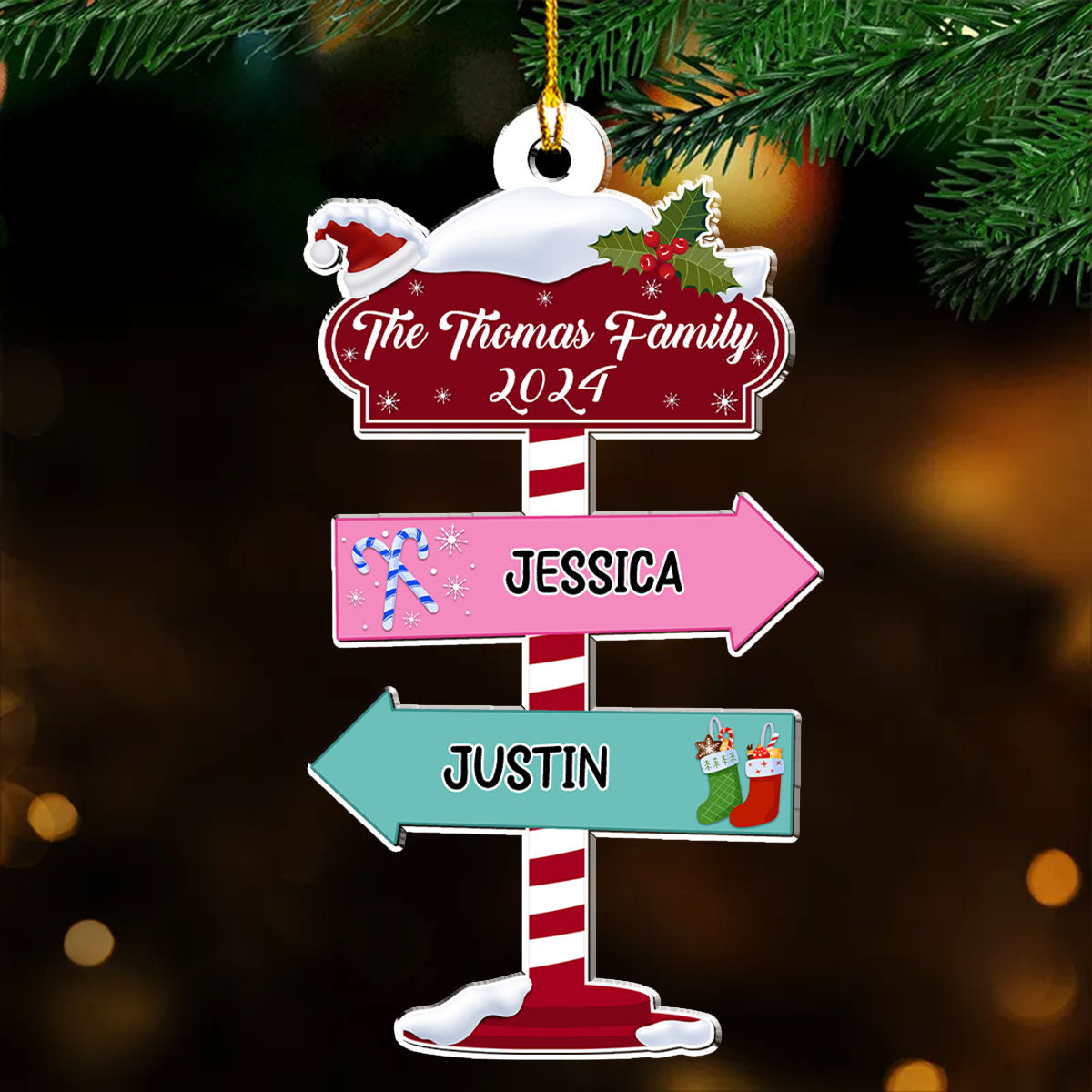 Family Pole Sign Christmas - Personalized Custom Wood Ornament