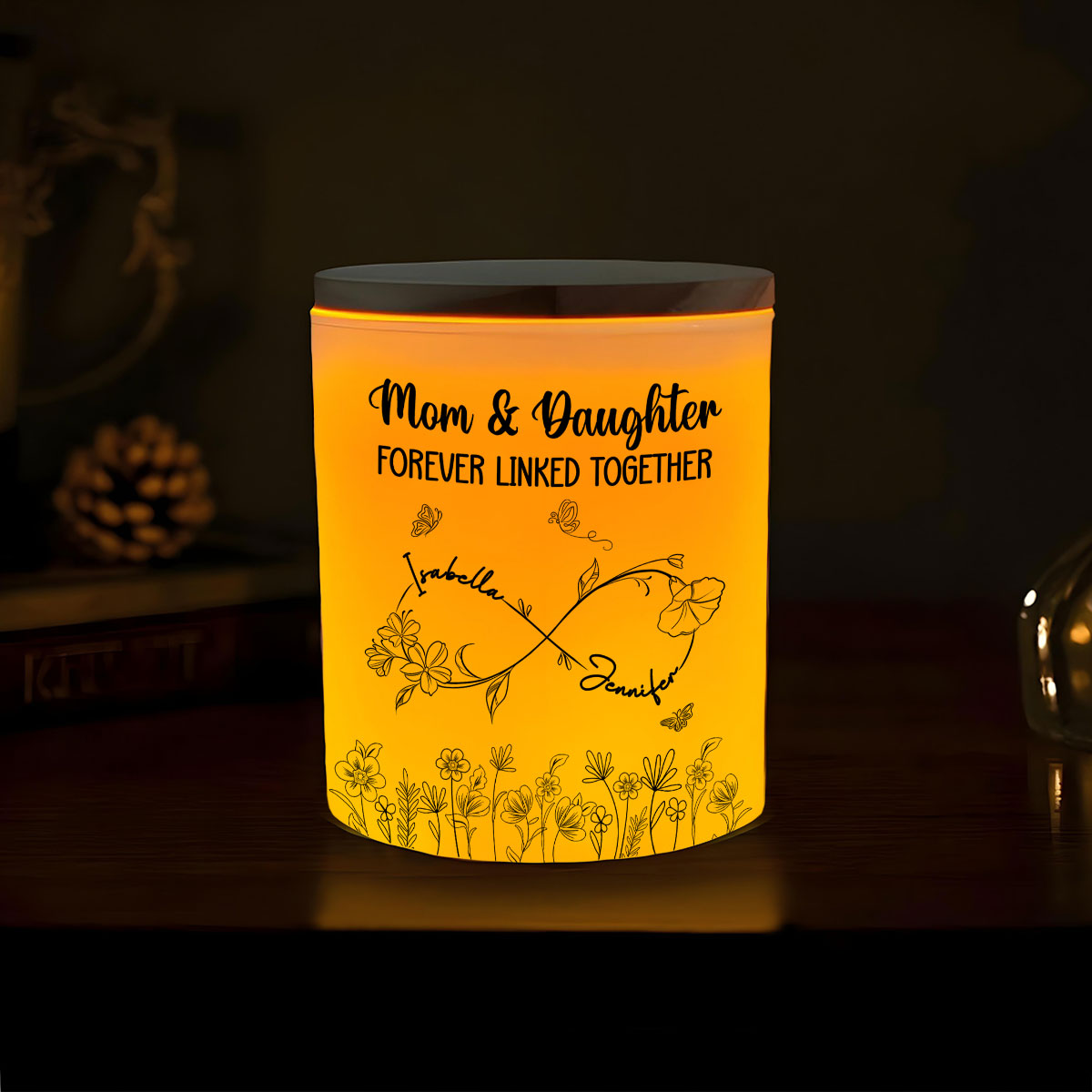 Mom And Daughter Forever Linked Together - Personalized Custom Glass Jar With LED Candle