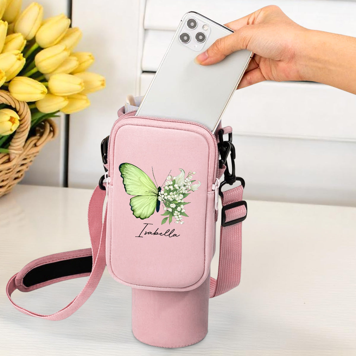 Butterfly Birthmonth Flower With Name - Personalized Custom 40oz Water Bottle Carrier Bag