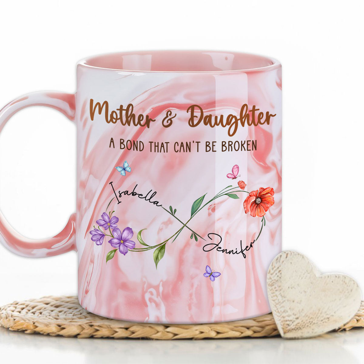 Mother And Daughter Link Forever - Personalized Custom Pink Marble Mug