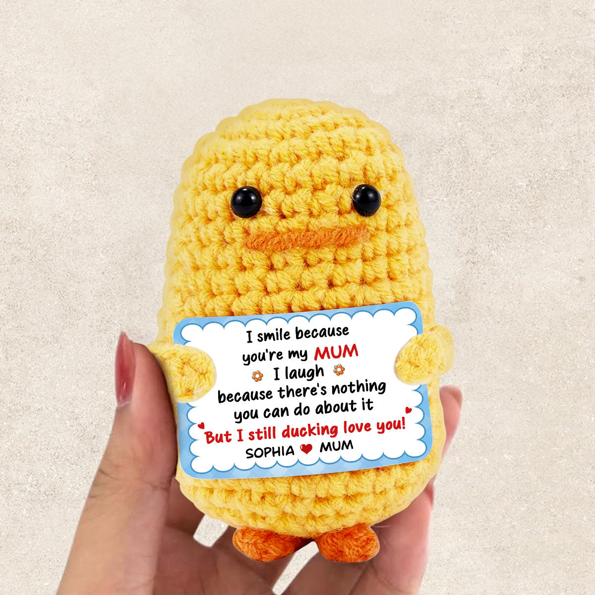 I Smile Because You Are My Mom - Personalized Custom Duck Crocheted Plushie With Message