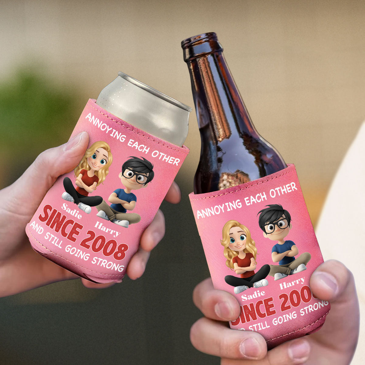 Forever In Love - Personalized Custom Pink Leather Can Cooler Holder