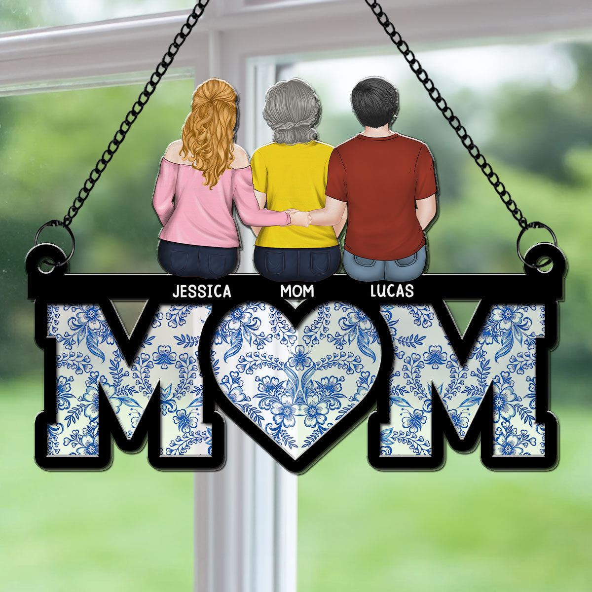 Mother And Daughter Sitting Together - Personalized Custom Suncatcher