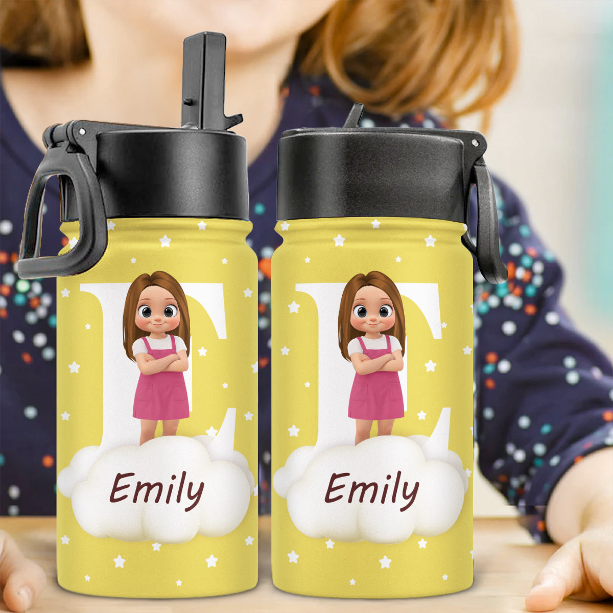 Cute Kid With Cloudy - Personalized Custom Kids Water Bottle