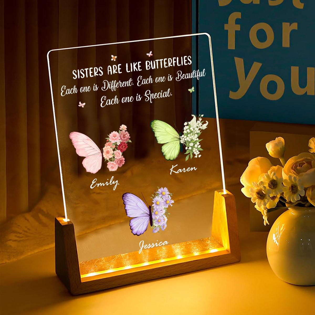 Sisters Bloom In Different Ways - Personalized Custom Plaque With Walnut Base