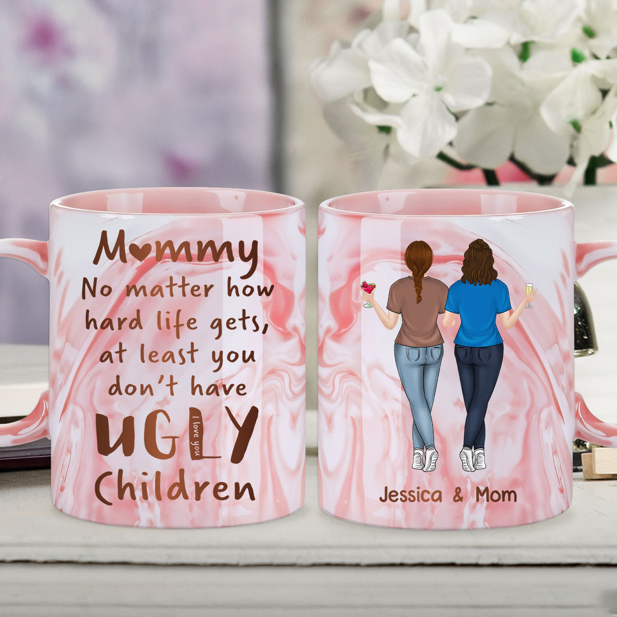 Mom Life Funny - Personalized Custom Pink Marble Mug