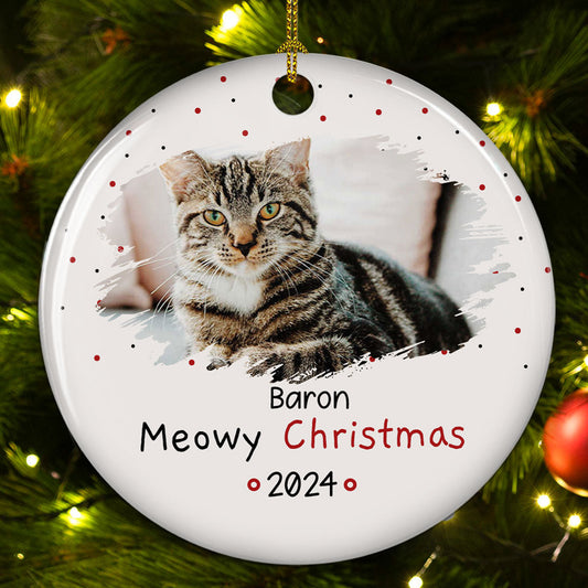Meowy Christmas Photo - Personalized Custom Circle Ceramic Ornament