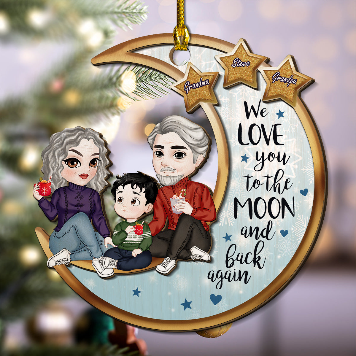 Grandparents And Grandkid On The Moon - Personalized Custom 2-Layered Wood Ornament