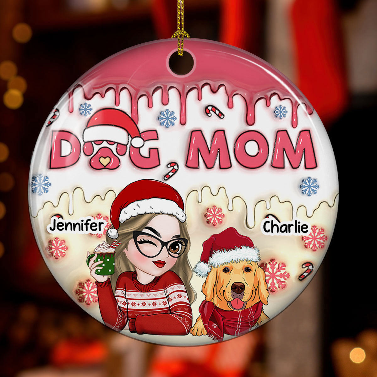 Dog Mom Happy Pawlidays - Personalized Custom 3D Inflated Effect Ceramic Ornament