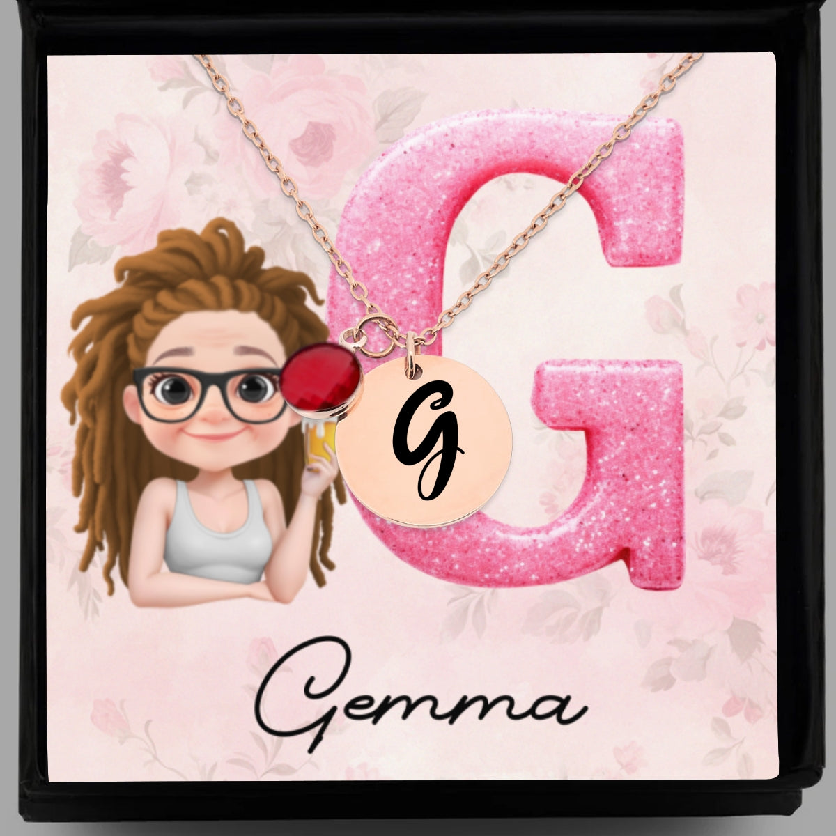 Glitter Alphabet Cartoon - Personalized Custom Birthstone Necklace With Message Card