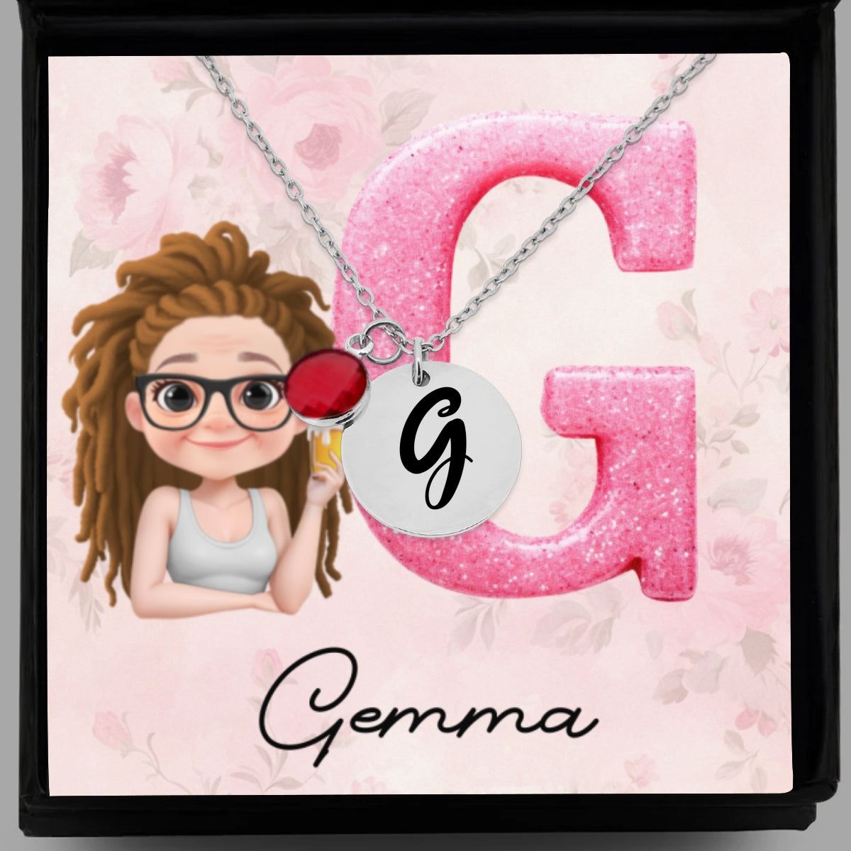 Glitter Alphabet Cartoon - Personalized Custom Birthstone Necklace With Message Card