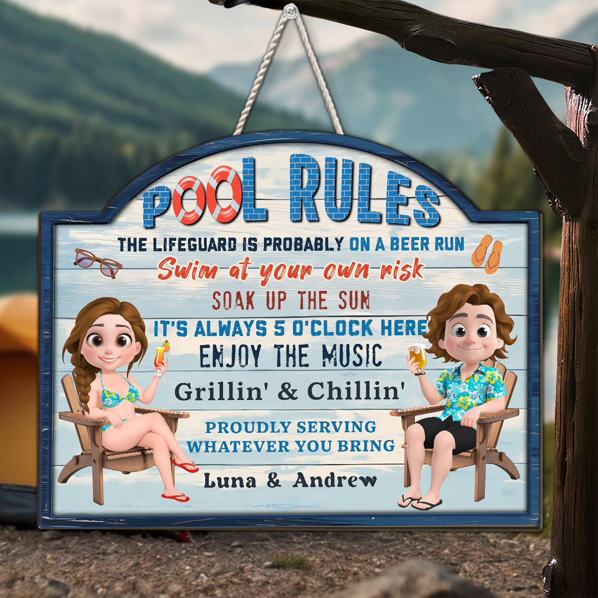 Pool Rules Swim At Your Own Risk Grilling Family - Personalized Custom Wood Sign