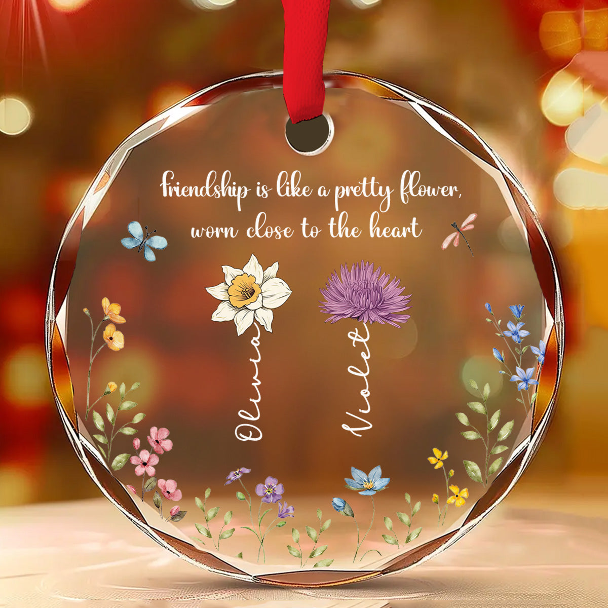 Friendship Blooms Where Hearts Connect - Personalized Custom Glass Ornament