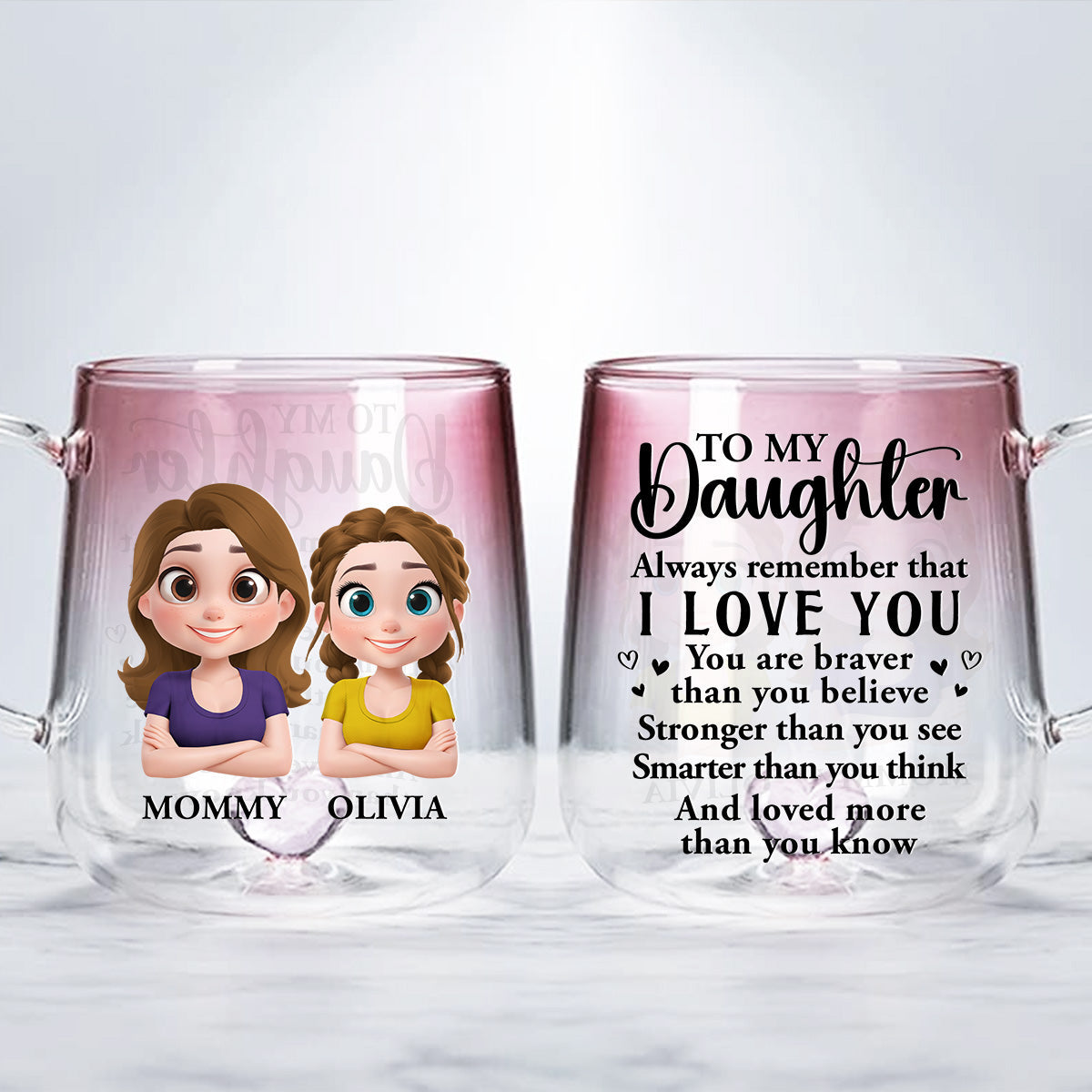 Mom To Daughter Braver Stronger - Personalized Custom Pink Gradient Glass Mug