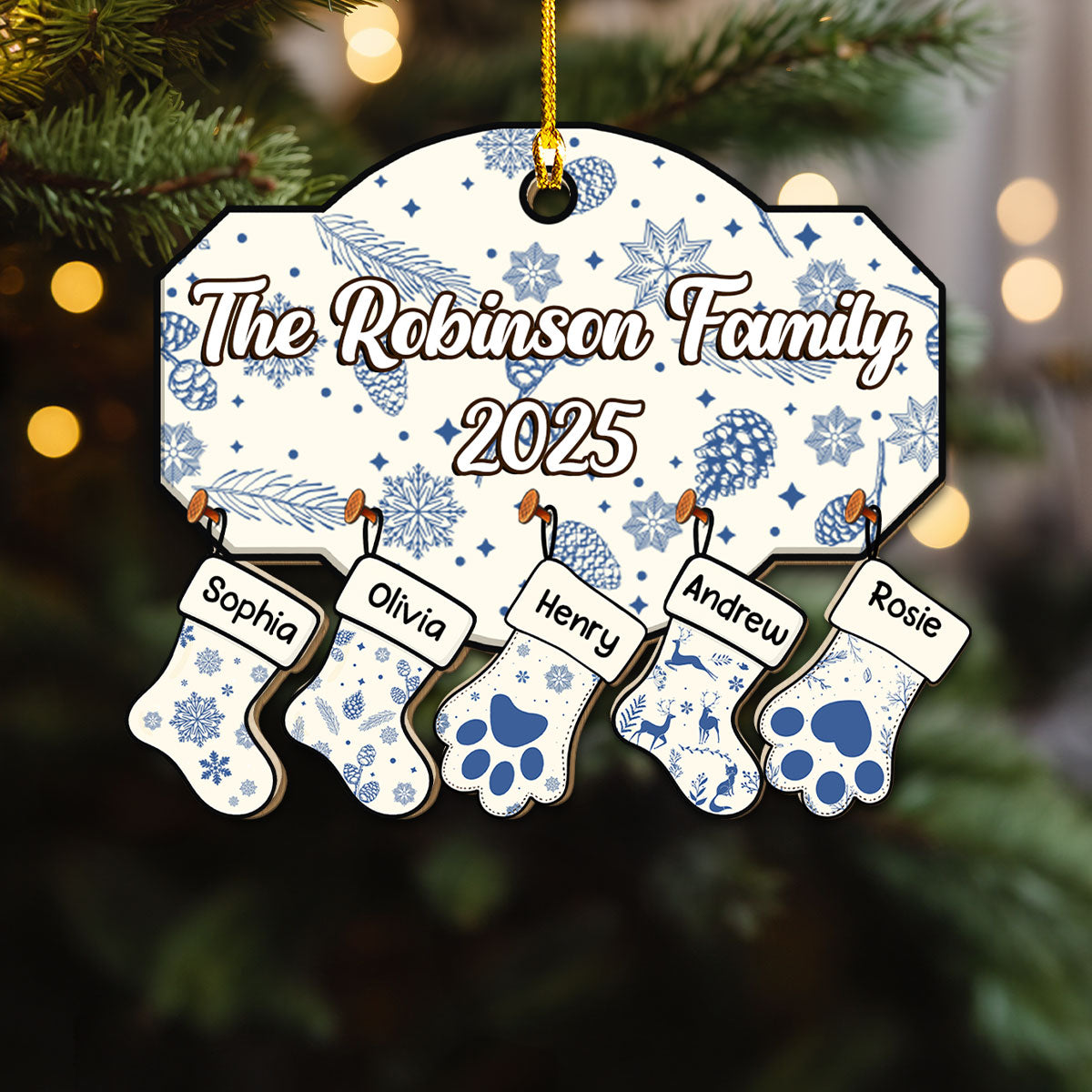 Blue Family With Pet - Personalized Custom Wood Ornament