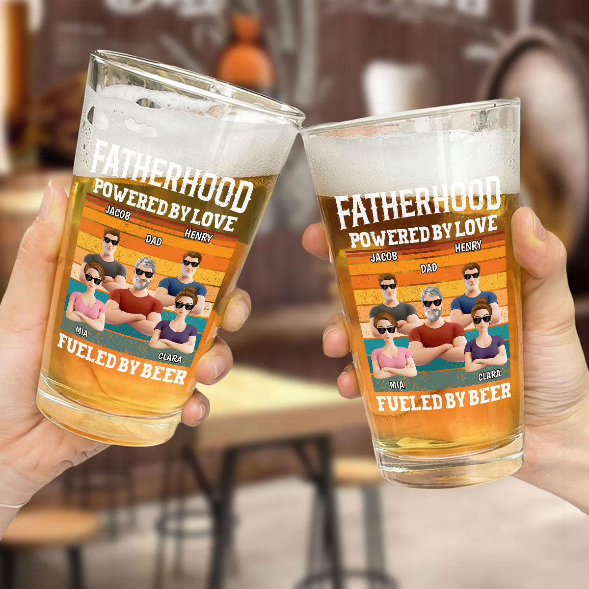 Fatherhood Powered By Love - Personalized Custom Beer Glass