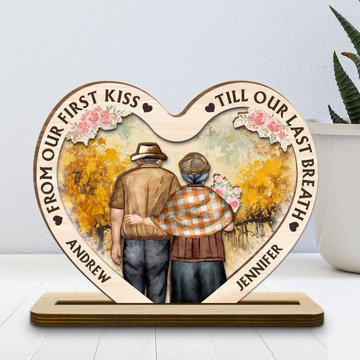 Our First Kiss - Personalized Custom 2-Layer Wood Plaque With Flat Base