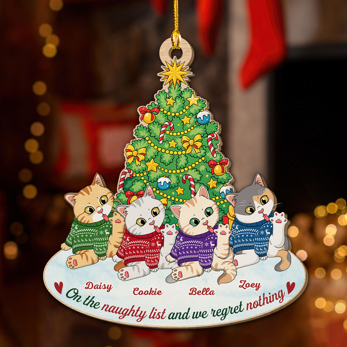 Naughty Cat Licking - Personalized Custom 1-layered Wood Ornament