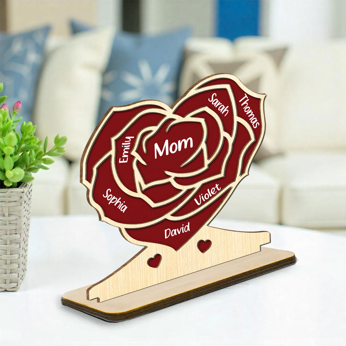 Family Flower - Personalized Custom 2-Layer Wood Plaque With Flat Base