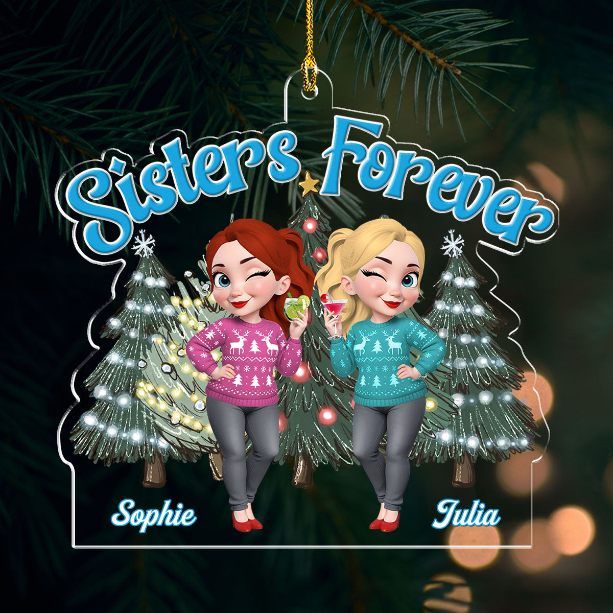 Sisters Bond Christmas - Personalized Custom Acrylic Ornament