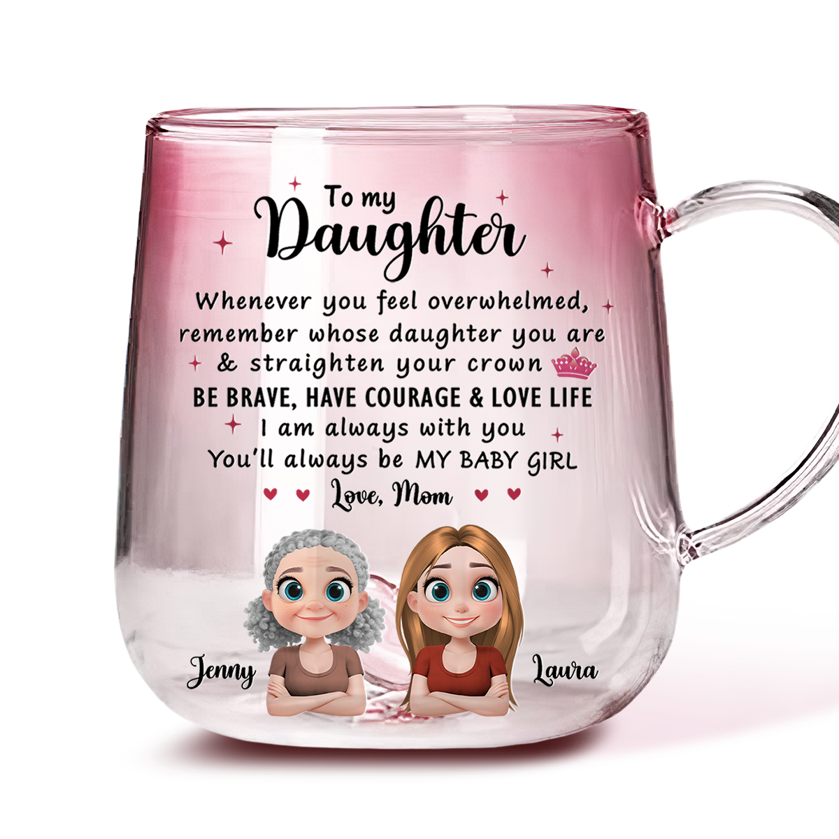 Mom To Daughter Straighten Your Crown - Personalized Custom Pink Gradient Glass Mug