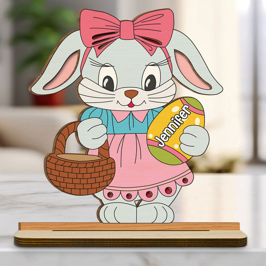 Spring Bunny Surprise - Personalized Custom 2-Layer Wood Plaque With Flat Base