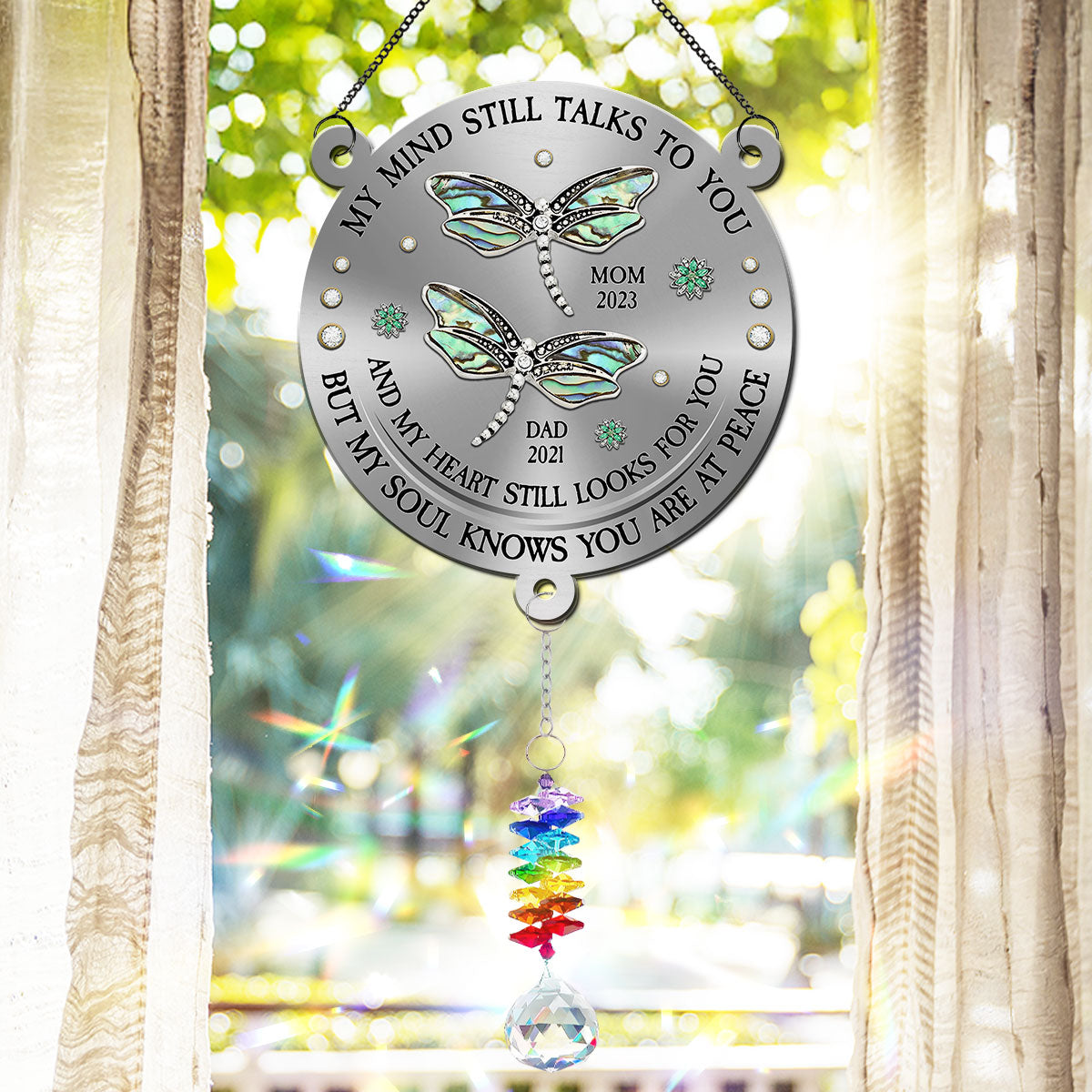 Dragonfly My Mind My Heart My Soul - Personalized Custom Suncatcher With Crystal Rainbow Charm