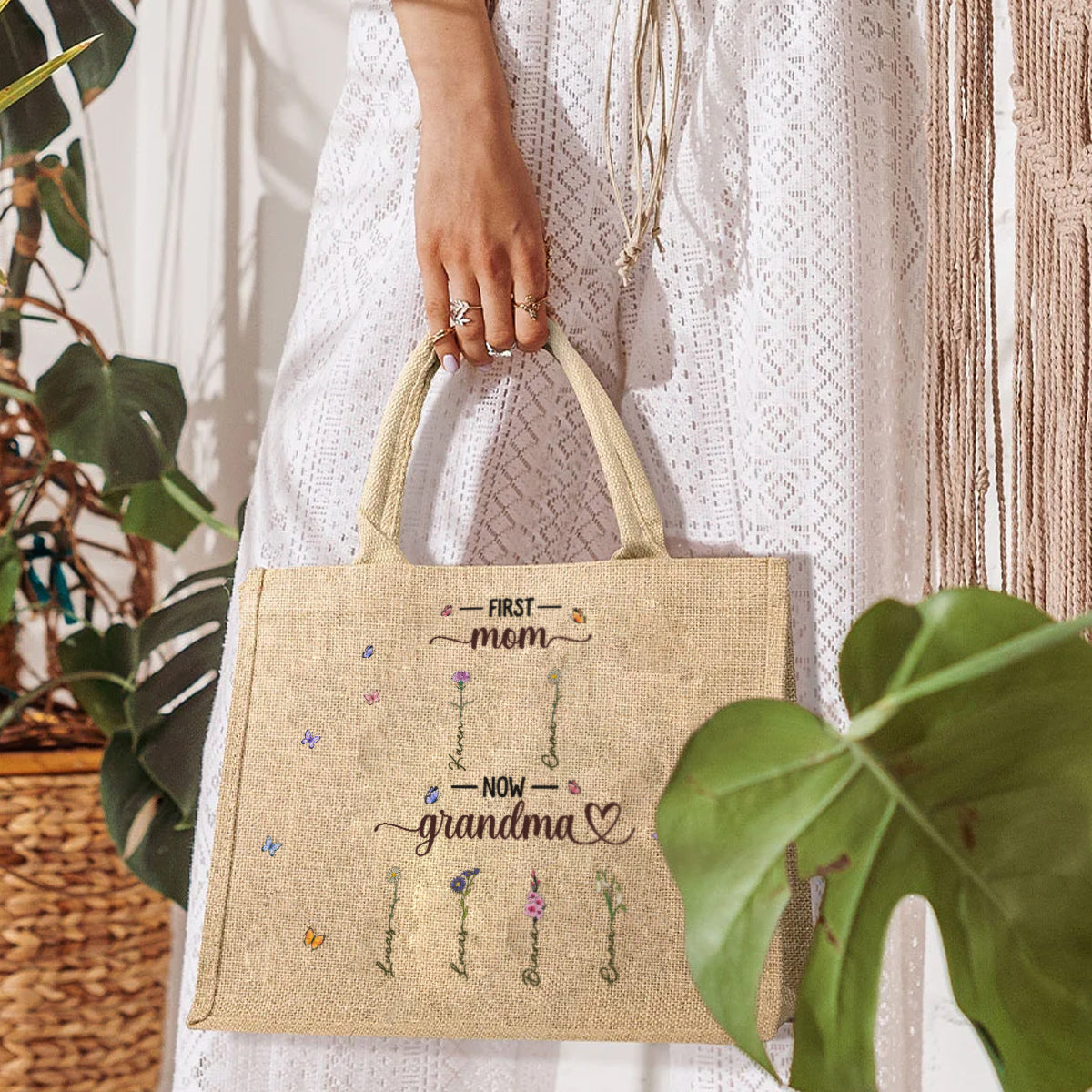 Charming Flowers Of Grandma - Personalized Custom Jute Tote Bag