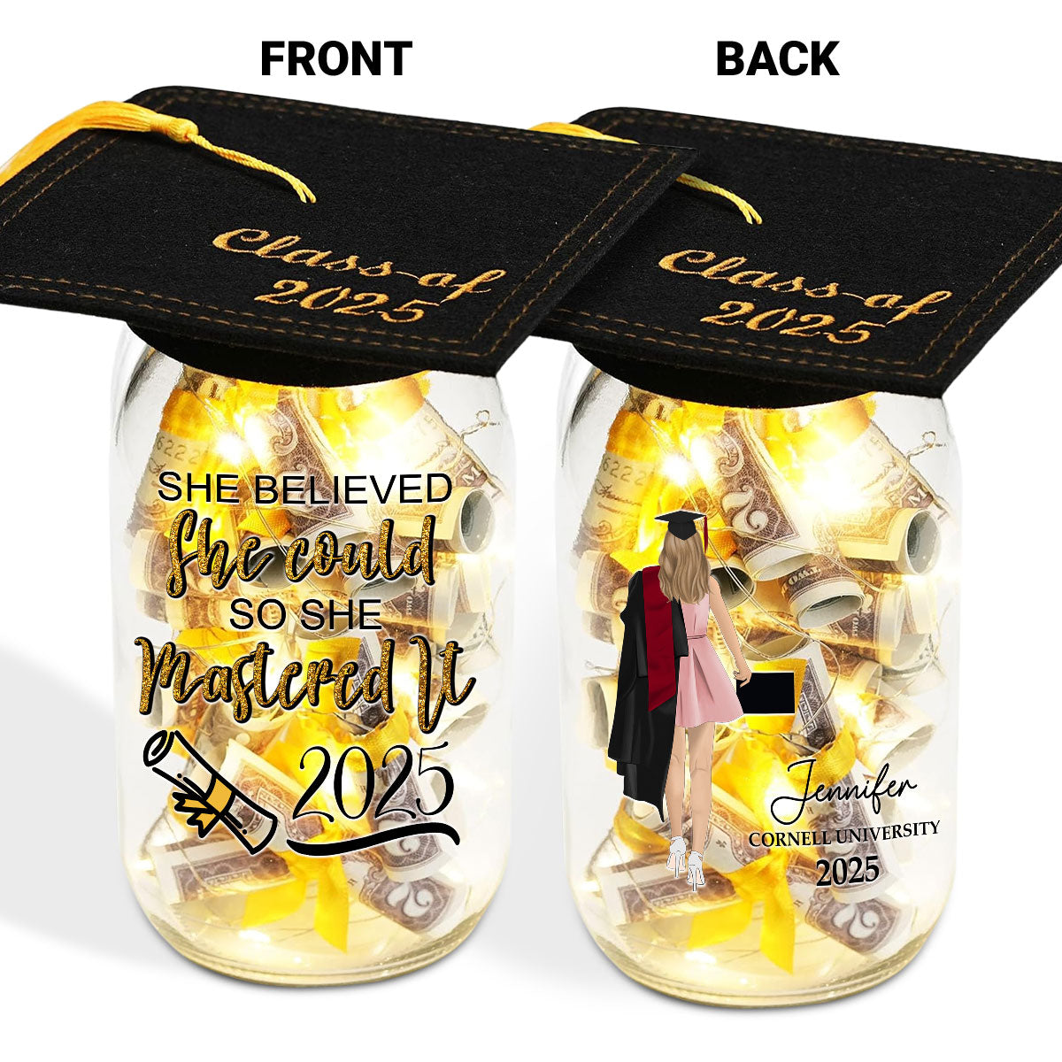 She Believed She Could - Personalized Custom Graduation Mason Jar Light
