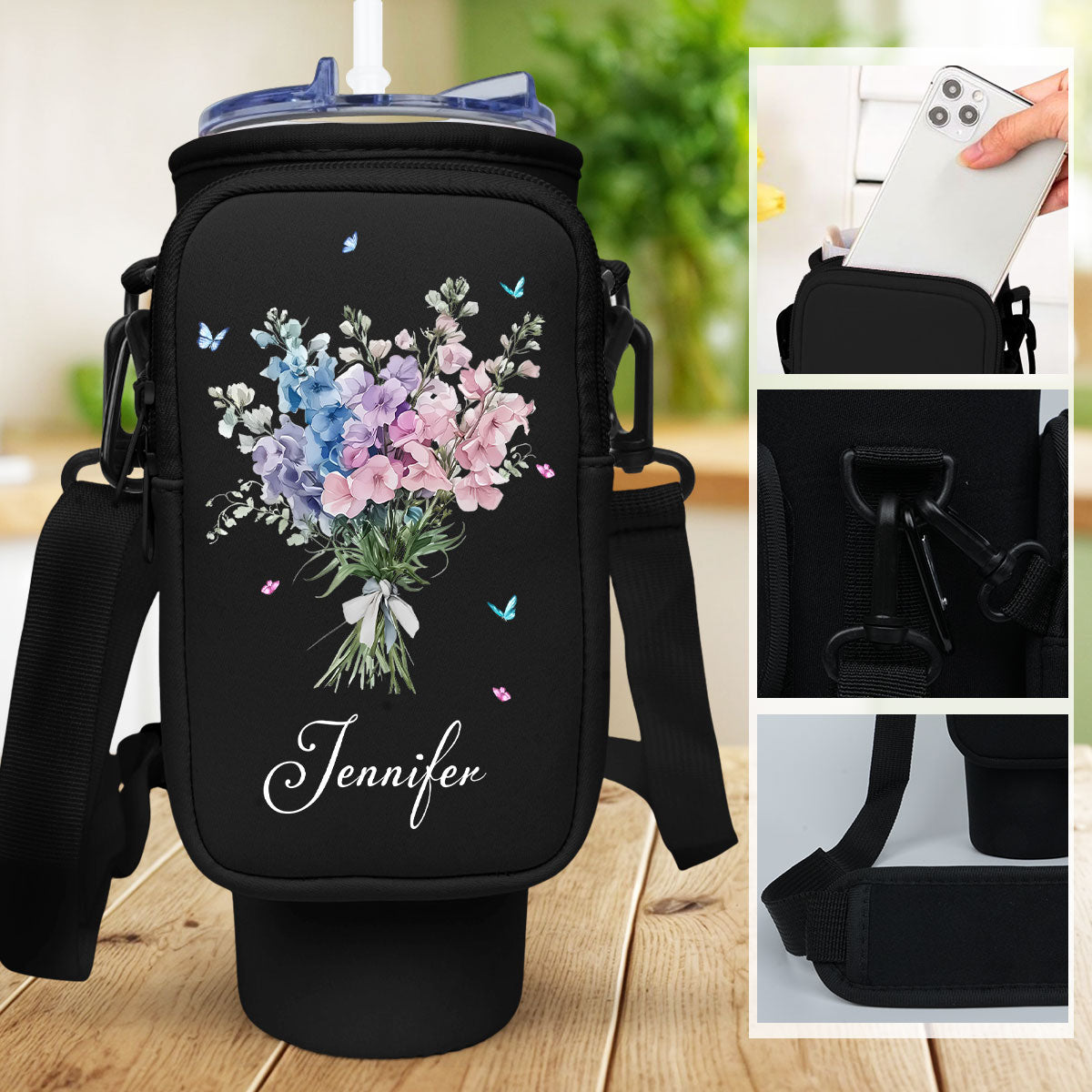 Birthmonth Flower - Personalized Custom Water Bottle Carrier Bag