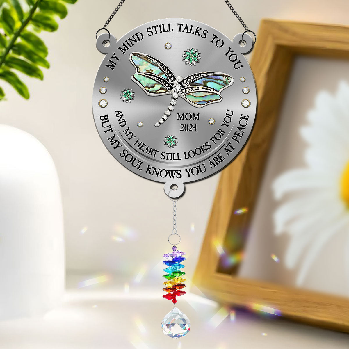 Dragonfly My Mind My Heart My Soul - Personalized Custom Suncatcher With Crystal Rainbow Charm